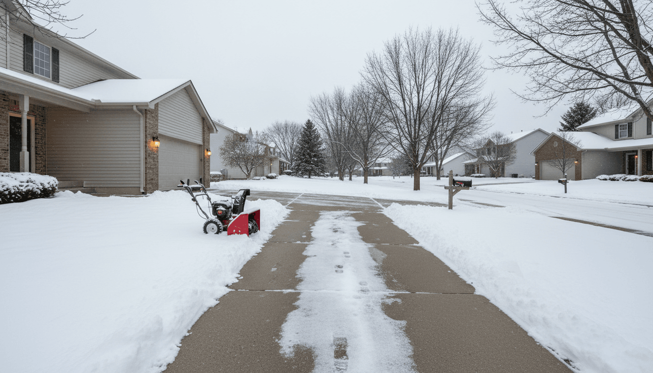 Shoveled walkway through snow in a residential driveway