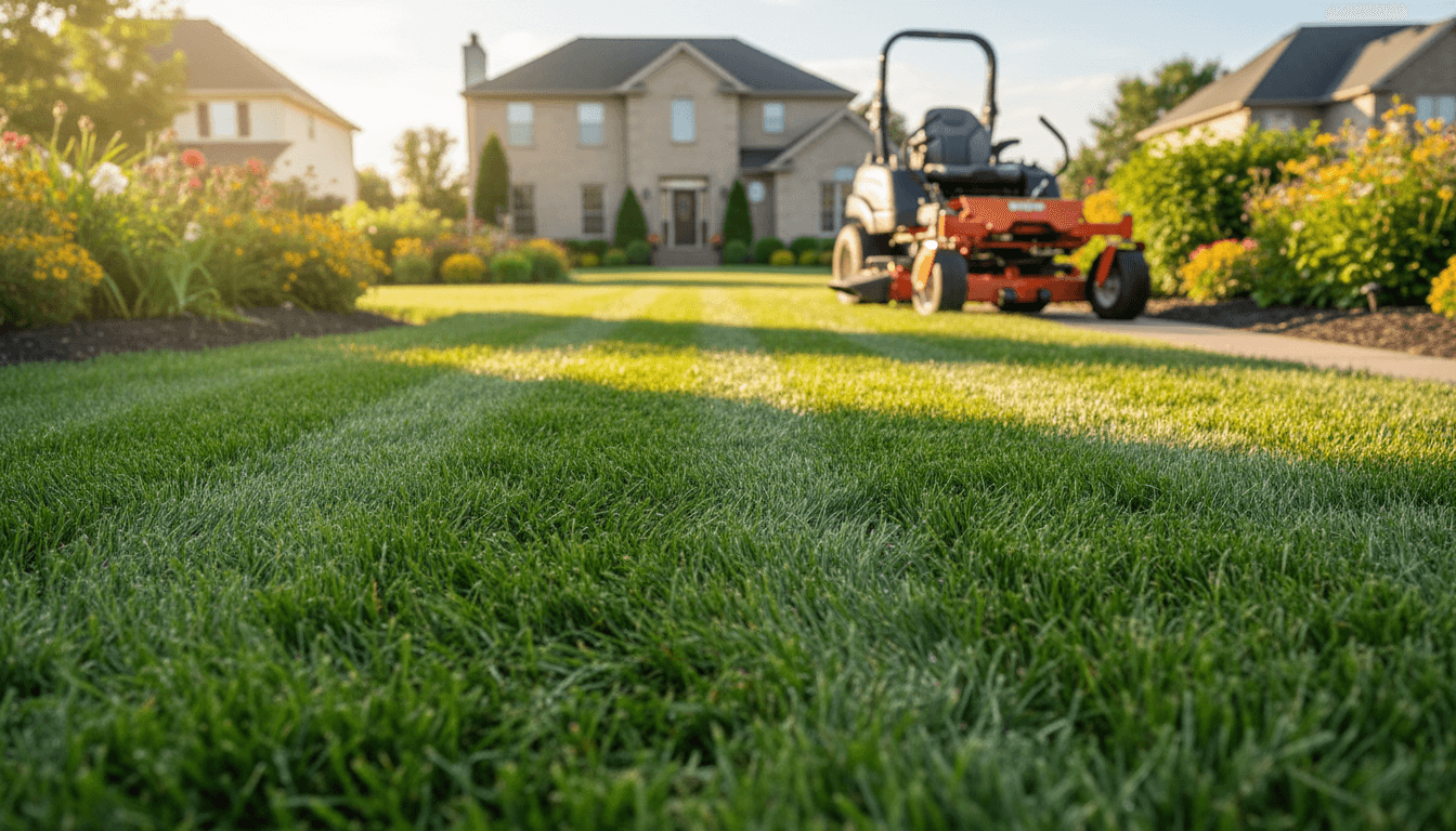 Freshly mowed lawn with crisp stripes and a zero-turn mower parked at the edge