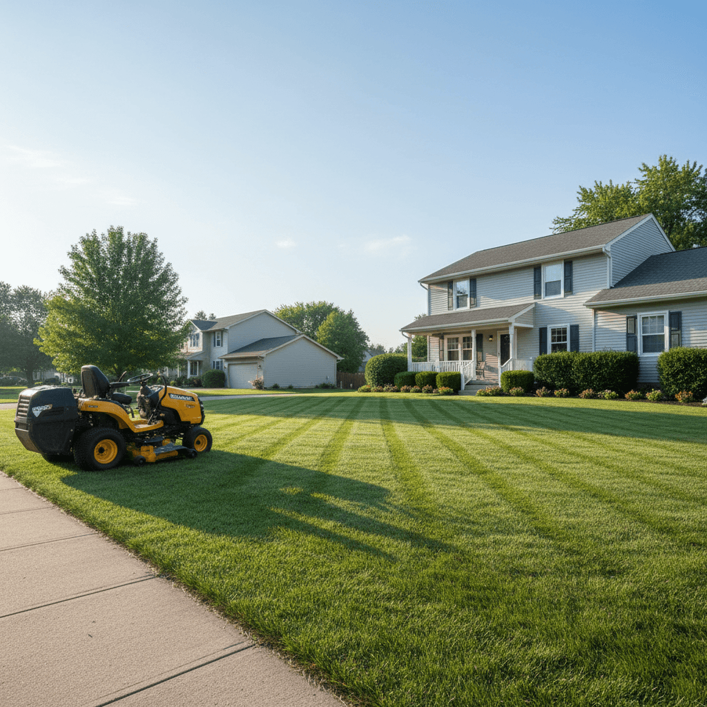 Freshly mowed lawn with clean stripes in a suburban front yard