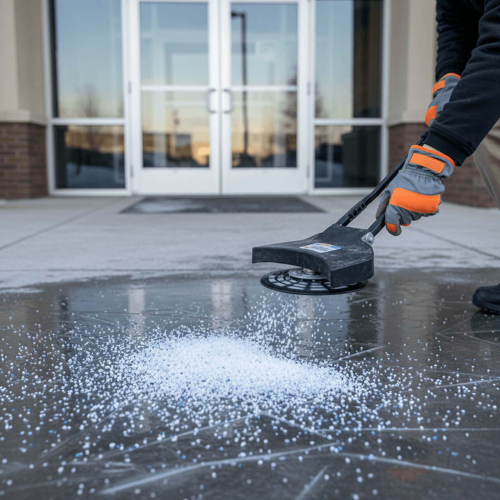 Spreading deicer on a walkway