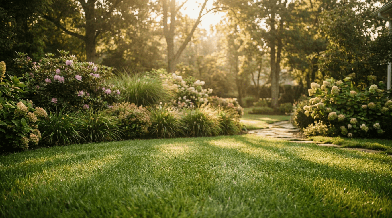Wide shot of a freshly mowed Omaha front lawn with visible striping, a landscaper returning a trimmer to a trailer