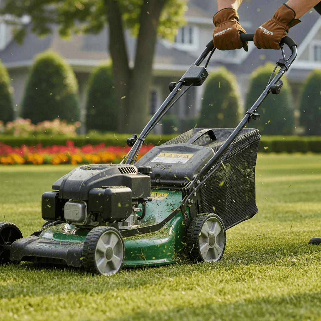 Lawn care professional inspecting a freshly mowed residential lawn